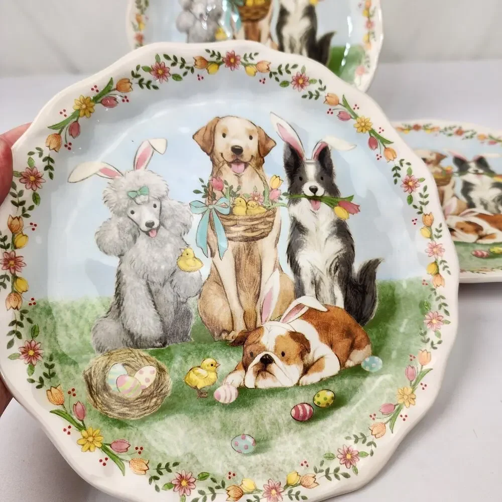 Pier 1 Imports Ironstone Set of 4 Easter Parade Bunny Ear Dogs Plate 8.7